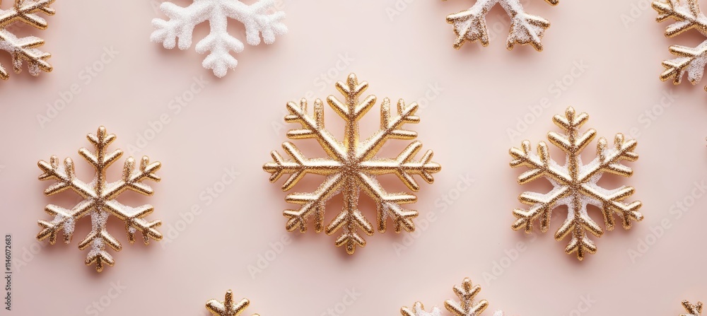 Golden And White Snowflakes Decoration On Trendy Pastel Pink Background. Minimal Christmas Concept. Golden And White Snowflakes Decoration On Trendy Pastel Pink Background. Minimal Christmas Concept.