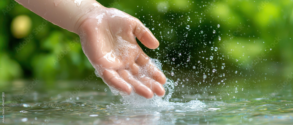 Norovirus outbreak concept and health themes, A hand reaching into water, creating splashes, surrounded by lush greenery, symbolizing nature and tranquility. Norovirus outbreak concept and health themes, A hand reaching into water, creating splashes, surrounded by lush greenery, symbolizing nature and tranquility.