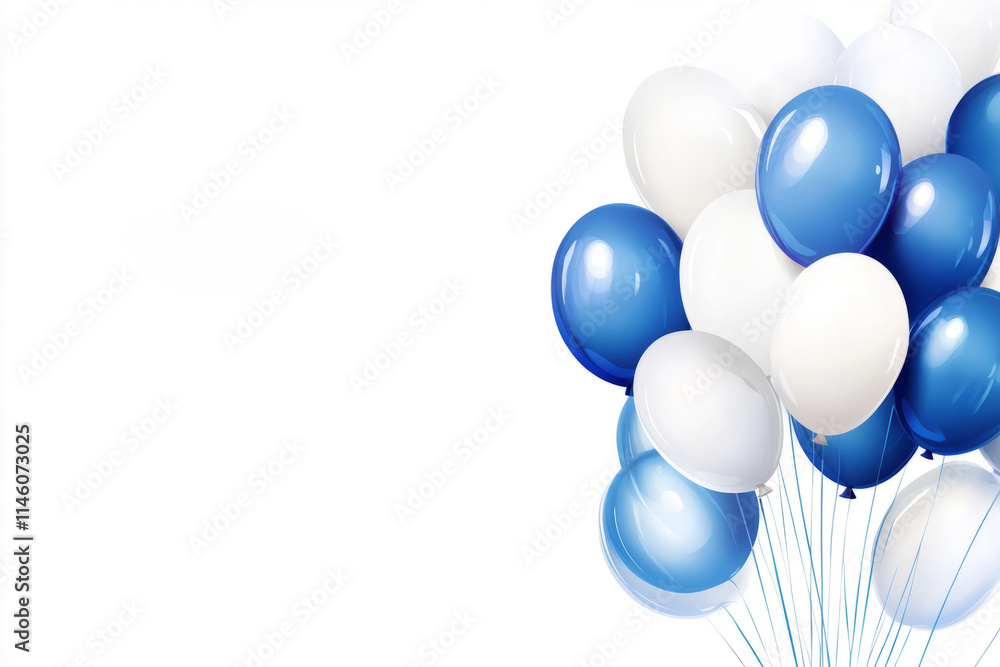 Realistic blue and white balloons and confetti on a light white background, ideal for sending happy birthday wishes Realistic blue and white balloons and confetti on a light white background, ideal for sending happy birthday wishes