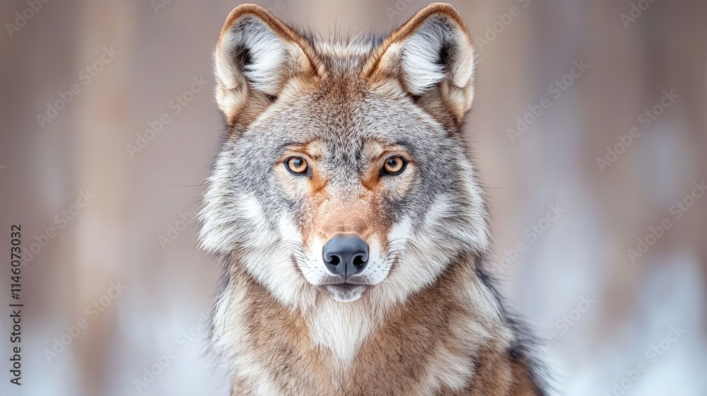 Close-up portrait of a wolf in a snowy forest. Close-up portrait of a wolf in a snowy forest.