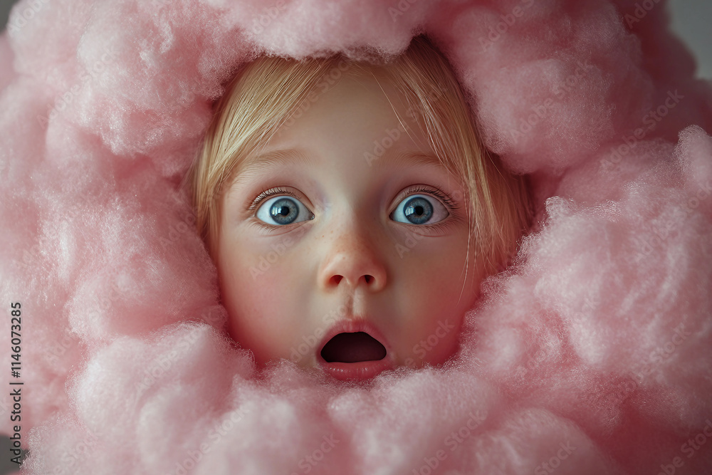 Generative AI Image of a Child Enjoying Cotton Candy Against a Pink Background