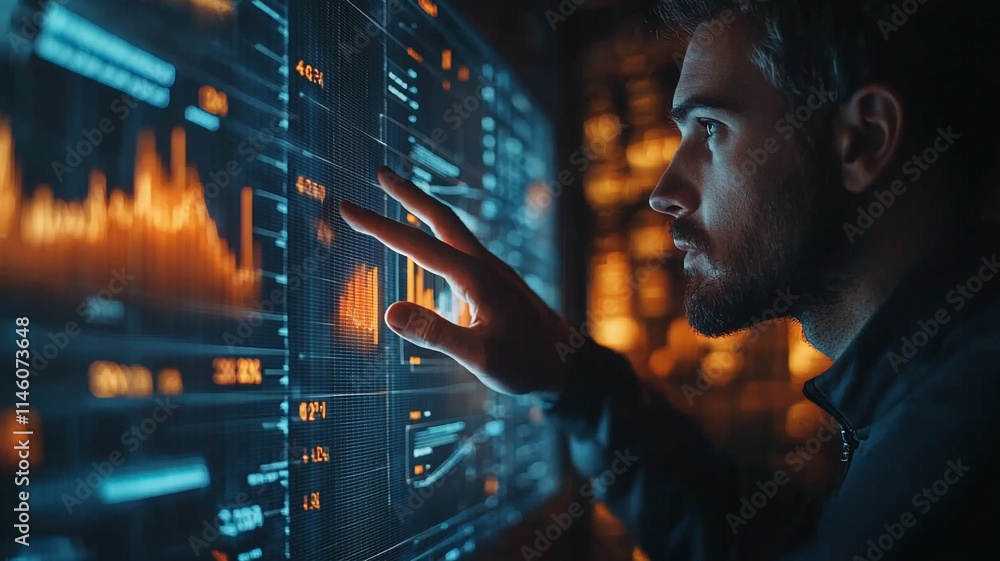 Man Interacting with Futuristic Data Visualization on Large Screen Man Interacting with Futuristic Data Visualization on Large Screen