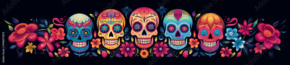 Naklejka premium Day of the Dead, sugar skulls with colorful designs, floral patterns, and festive decorations celebrate Mexican tradition.