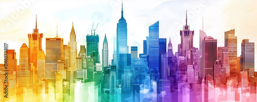 Colorful rainbow themed diverse city buildings landscape pop art style. Colorful rainbow themed diverse city buildings and landscape pop art style, colourful diversity. Manhattan, New York, America.  photo