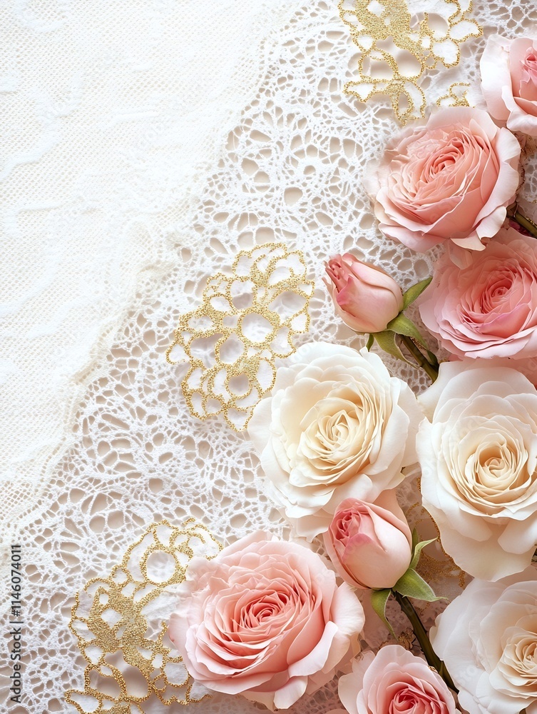 Elegant and Romantic Floral Bouquet with Lace and Ornamental Gold Accents on Textured Paper Elegant and Romantic Floral Bouquet with Lace and Ornamental Gold Accents on Textured Paper