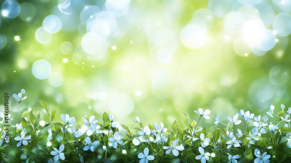 Spring meadow with delicate flowers, soft green grass, and bokeh light for serene nature background Spring meadow with delicate flowers, soft green grass, and bokeh light for serene nature background