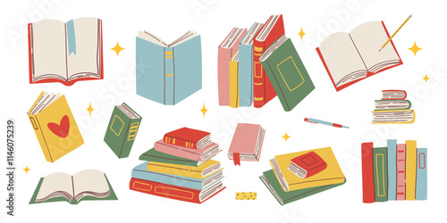 Cute colorful book collection. Set of different stacks and piles of books, open and closed books. Educational theme, scientific and fiction literature. Vector illustration isolated on white background