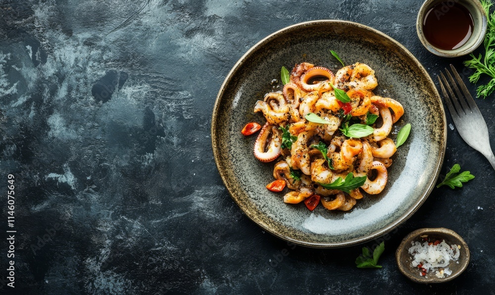 Fried crispy squid rings in tempura. Tasty snack on a plate, on rustic background with copyspace Fried crispy squid rings in tempura. Tasty snack on a plate, on rustic background with copyspace