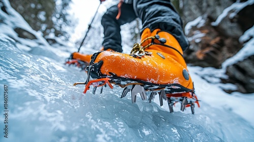 A person in orange boots is walking on ice