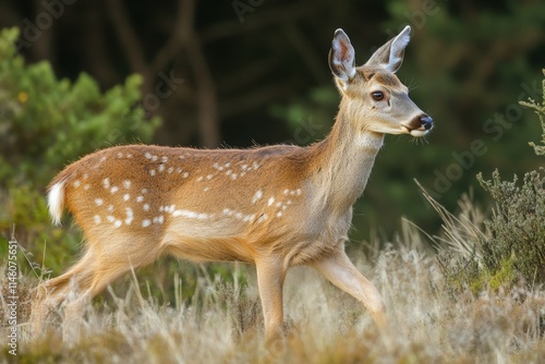 A lone deer grazes in a sun-drenched forest clearing.. Beautiful simple AI generated image