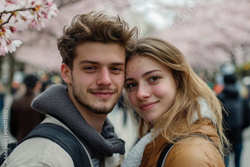 Generative AI depiction of a young couple enjoying Japan's spring park with cherry blossoms in full bloom