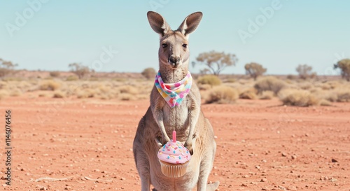 Adorable kangaroo in outback, wearing bandana, holding pink item.  Perfect for travel, Australia, wildlife themes. photo