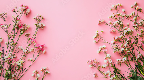 Wallpaper Mural Delicate Pink and White Flowers on a Pastel Pink Background. A flat lay arrangement of small, delicate pink and white flowers with greenery on a solid pastel pink background. Torontodigital.ca