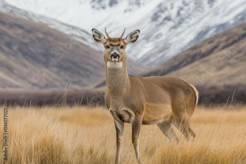 A lone deer grazes in a sun-drenched forest clearing.. Beautiful simple AI generated image photo