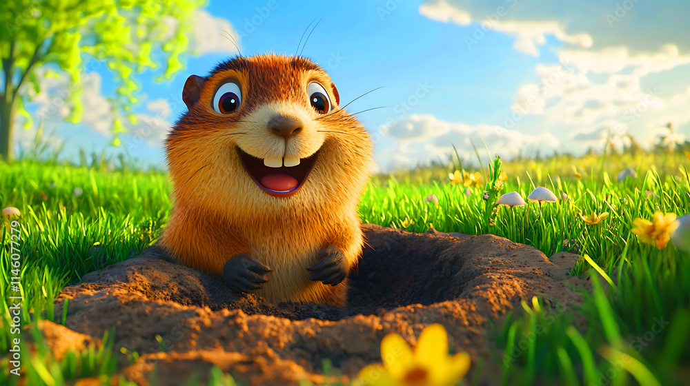 Fototapeta premium Happy Groundhog Peeking from Burrow in Sunny Meadow. A cheerful, cartoon-style groundhog with wide, expressive eyes and a happy smile peers out from a burrow in a vibrant green meadow.