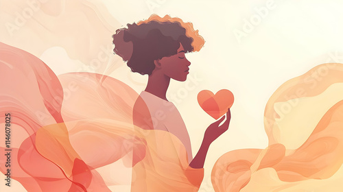 A simple, serene image of a teenager with a heart-shaped object, surrounded by abstract shapes representing emotions and healing