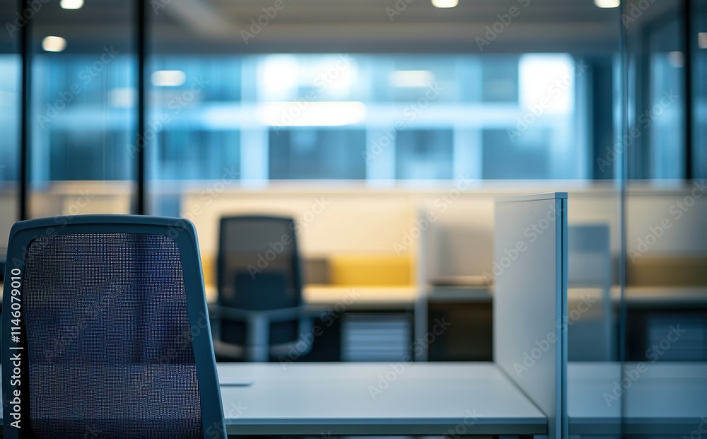 Obraz premium Modern Office Interior with Empty Chair and Workstations Illuminated by Soft Lighting in Contemporary Workspace Environment