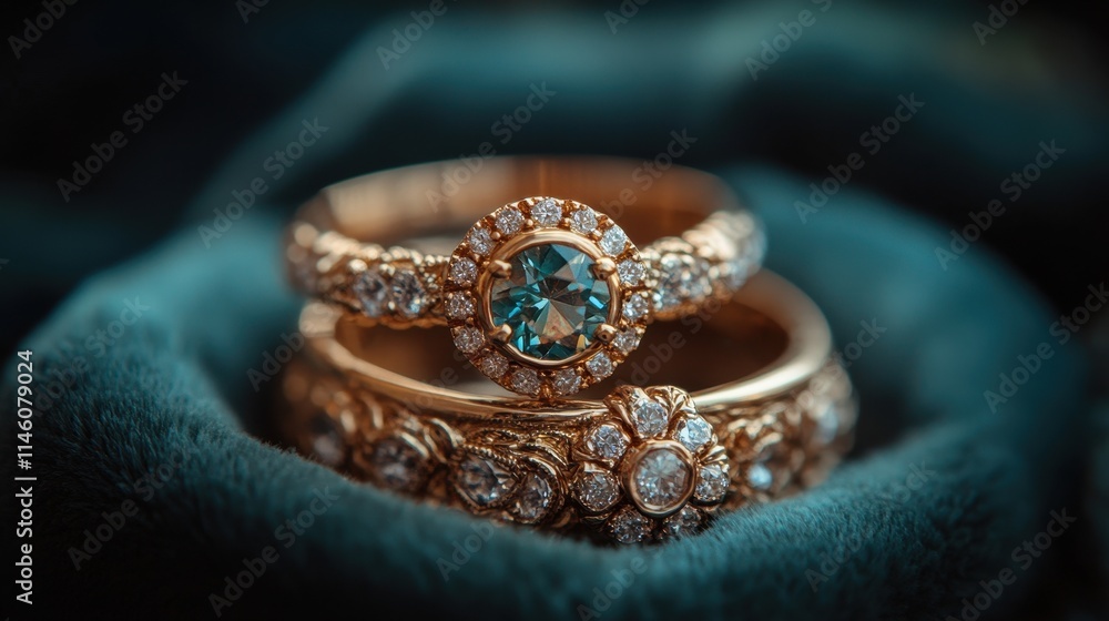 Close-up of intricate rings displayed on a soft velvet cloth, capturing the sparkle and craftsmanship in natural light. Close-up of intricate rings displayed on a soft velvet cloth, capturing the sparkle and craftsmanship in natural light.
