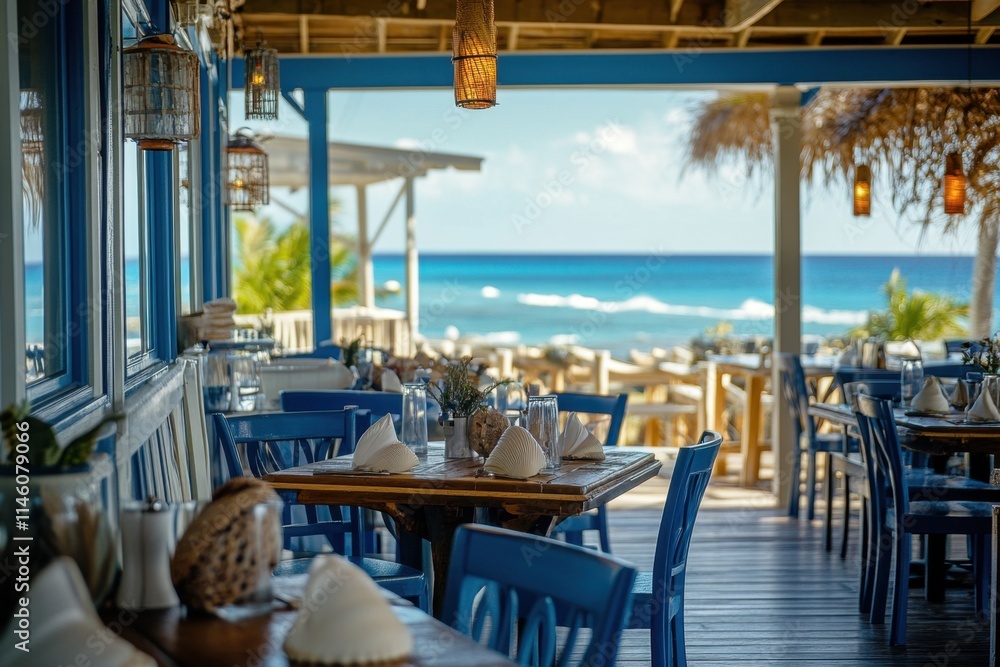 Fototapeta premium Enjoy dining by the charming beachside scenic coastal views exquisite decorated tables and a relaxing atmosphere for an inviting coastal vibes experience in a beautiful location