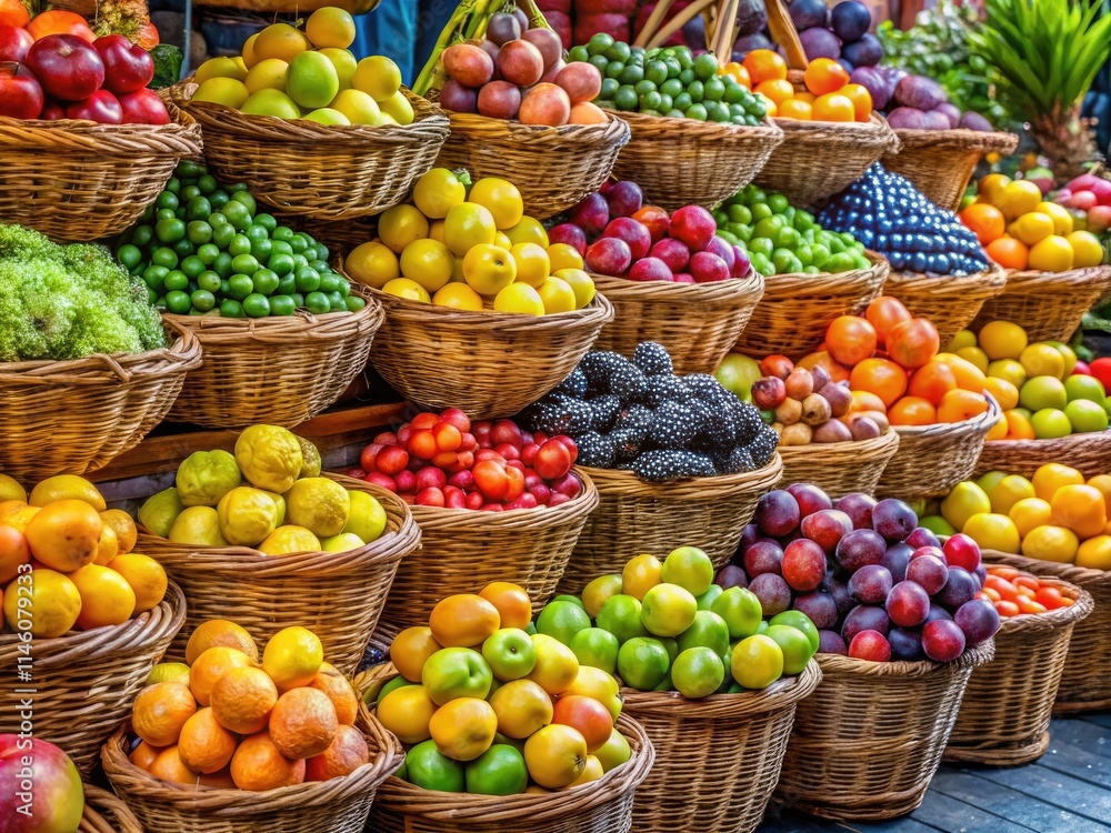 Bright baskets brim with apples, oranges, pears, grapes, and ripe bananas at the bustling fruit stall.