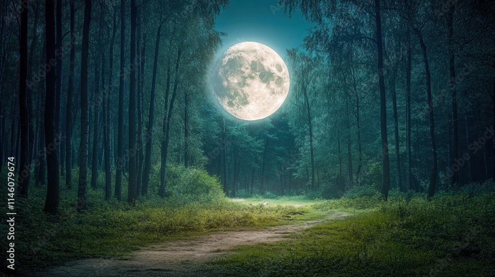 Enchanted Forest Path Under a Full Moon: A Mystical Night Scene Enchanted Forest Path Under a Full Moon: A Mystical Night Scene