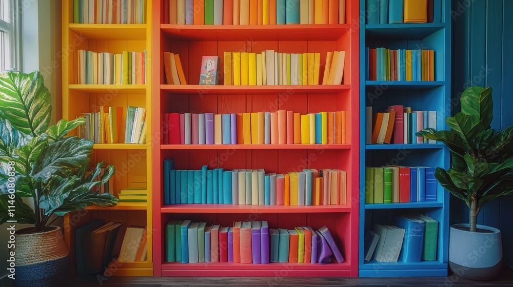 Colorful bookshelf filled with whimsical children’s books, inviting exploration and imagination. Colorful bookshelf filled with whimsical children’s books, inviting exploration and imagination.