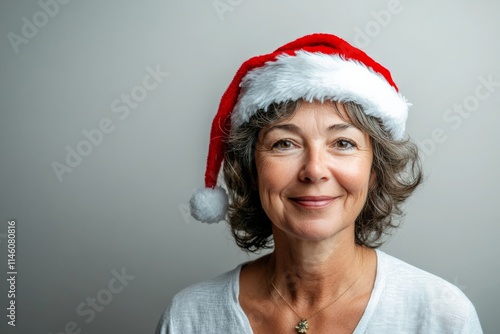 A happy, middle-aged woman with a Santa hat shows a joyous expression that conveys the warmth and happiness associated with the festive Christmas season. photo