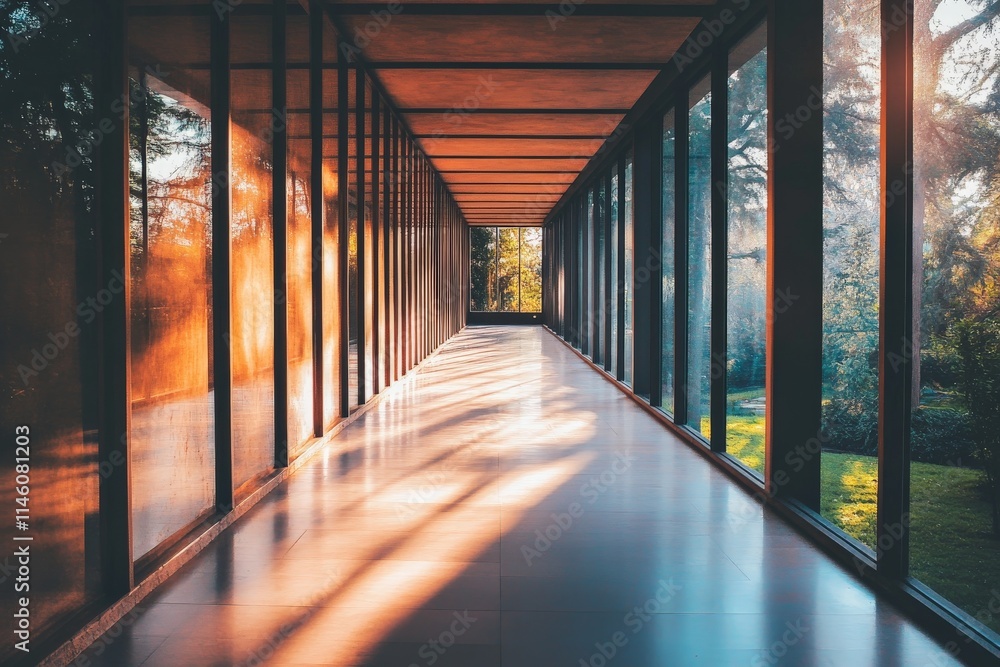 A scenic hallway composed of striking reflections from the sunset, with glass walls mirroring the vibrant hues of the cinematic landscape outside, evoking tranquility. A scenic hallway composed of striking reflections from the sunset, with glass walls mirroring the vibrant hues of the cinematic landscape outside, evoking tranquility.