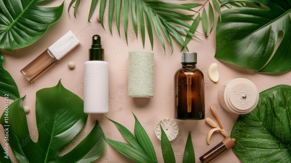 Skincare products surrounded by tropical leaves