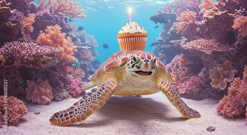 Fototapeta Naklejka Na Ścianę i Meble -  Sea turtle with birthday cupcake on its shell, underwater coral reef scene.