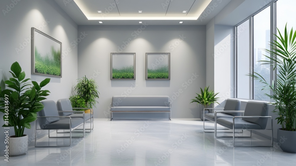 Fototapeta premium Waiting Room with Grey Furniture and Green Accents