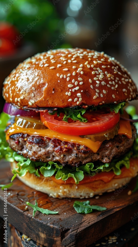 Hamburger with cheese, tomato, lettuce and onion, food background Hamburger with cheese, tomato, lettuce and onion, food background