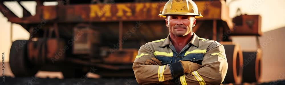 A confident construction worker with a mustache and yellow hard hat stands with arms crossed in front of a large, heavy-duty bulldozer on a dusty construction site, under warm sunlight A confident construction worker with a mustache and yellow hard hat stands with arms crossed in front of a large, heavy-duty bulldozer on a dusty construction site, under warm sunlight