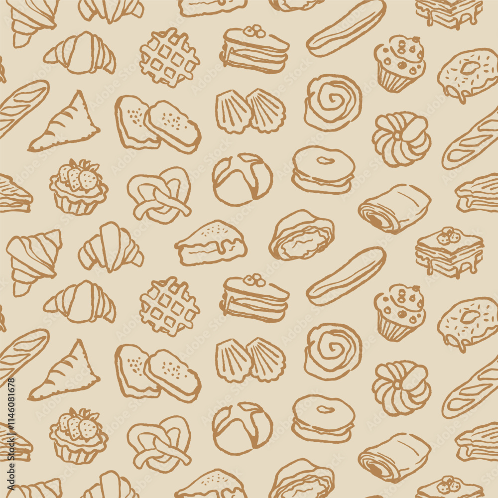 Pastry pattern, seamless background with hand drawn bakery products. Pastry pattern, seamless background with hand drawn bakery products.