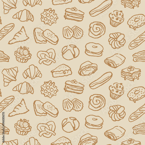 Pastry pattern, seamless background with hand drawn bakery products.