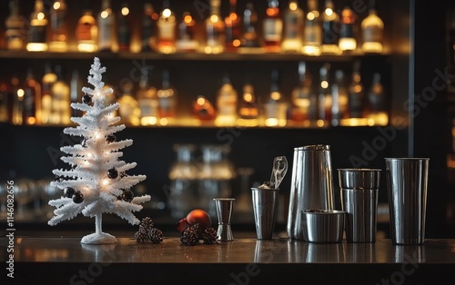 A modern bar featuring a small frosted Christmas tree with monochrome decorations, glowing softly beside cocktail shakers photo