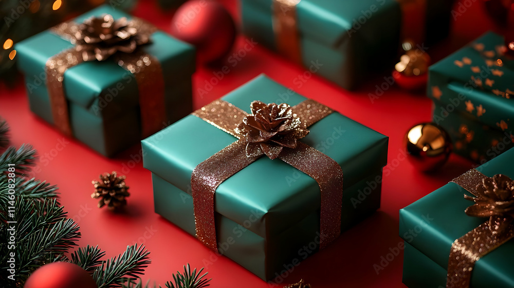 Teal Gift Boxes with Gold Ribbon & Pine Cones for Festive Season Celebrations Teal Gift Boxes with Gold Ribbon & Pine Cones for Festive Season Celebrations