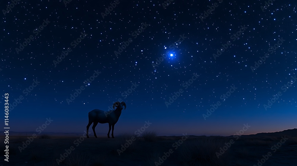 Fototapeta premium Desert Ram Silhouetted Against A Starry Night Sky