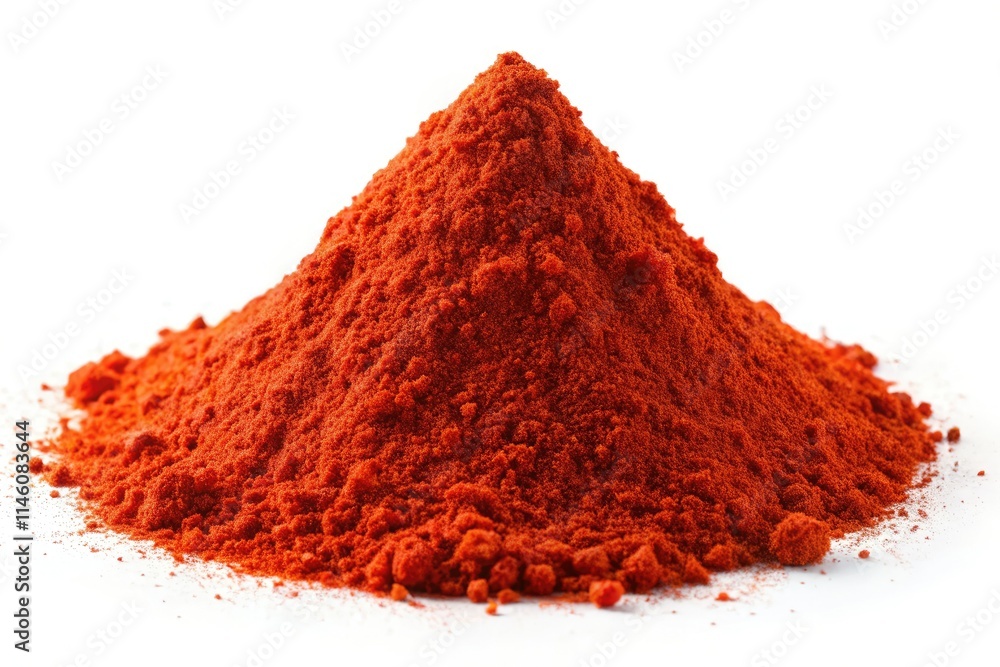 Double exposure reveals a dynamic paprika powder pile against a stark white backdrop. High-resolution food photography. Double exposure reveals a dynamic paprika powder pile against a stark white backdrop. High-resolution food photography.