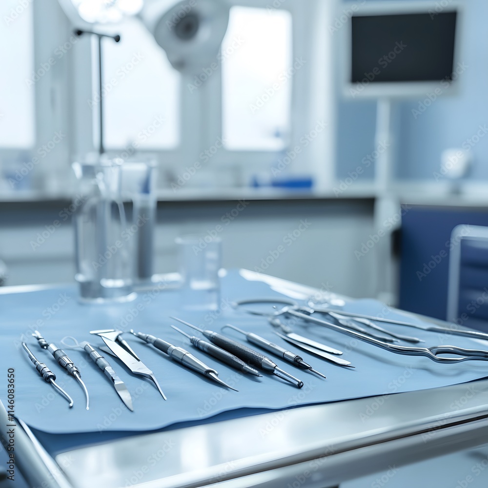 A close-up view of various surgical instruments neatly arranged on a blue sterilization sheet in a modern medical environment, ready for an operation in a clean facility. A close-up view of various surgical instruments neatly arranged on a blue sterilization sheet in a modern medical environment, ready for an operation in a clean facility.