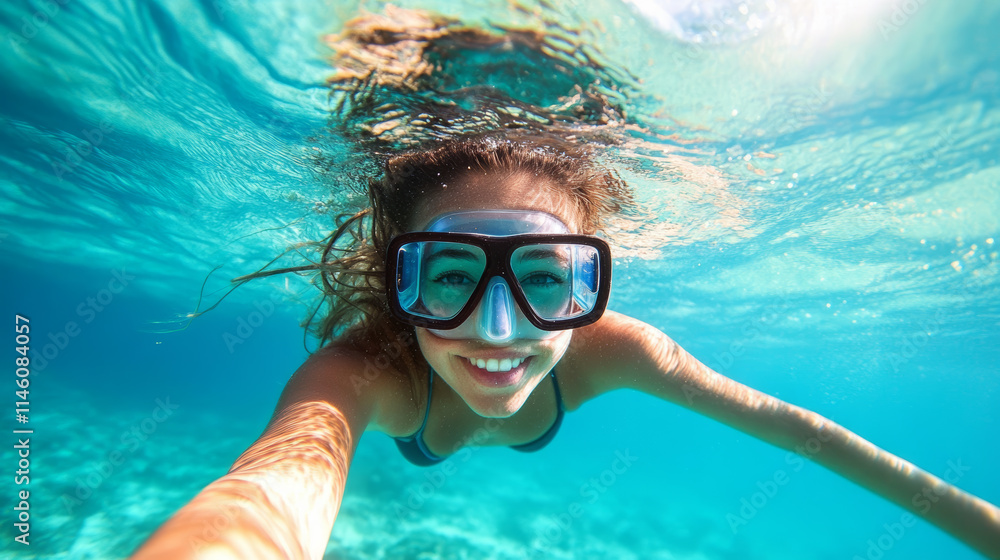 Fototapeta premium Smiling girl enjoying snorkeling in clear turquoise water while exploring coral reefs