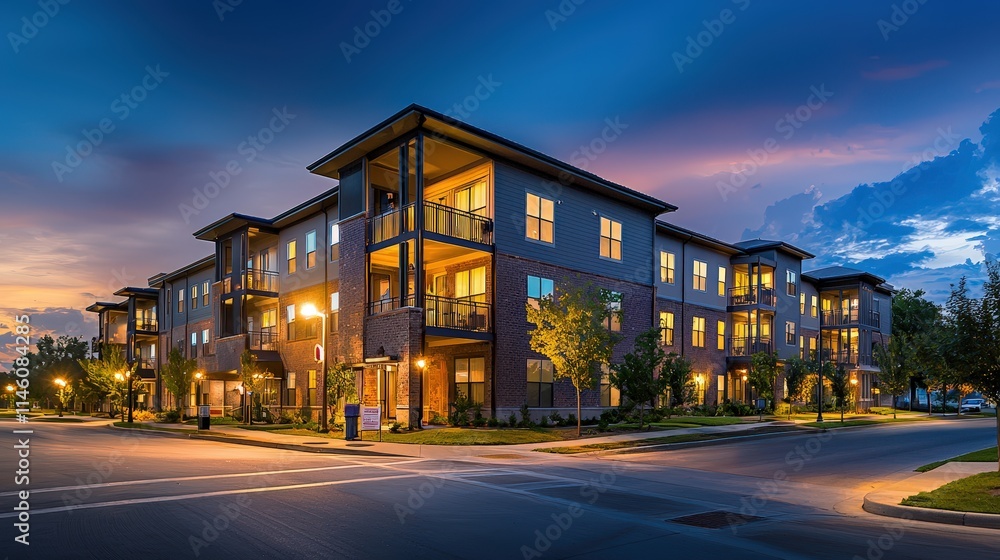 Luxury apartment building with glowing windows at dusk Luxury apartment building with glowing windows at dusk