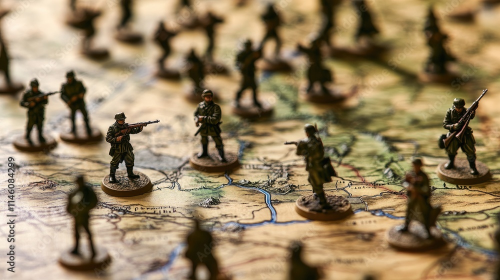 Close-up of detailed military strategy map with miniature soldiers and terrain models on wooden table for tactical planning and battlefield simulation. Close-up of detailed military strategy map with miniature soldiers and terrain models on wooden table for tactical planning and battlefield simulation.