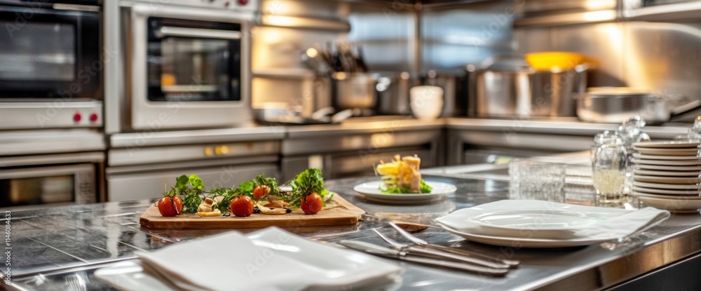 A gourmet kitchen displays two elegantly arranged dishes on a polished countertop surrounded by gleaming stainless steel appliances. Bright lighting enhances the vibrant colors of the ingredients A gourmet kitchen displays two elegantly arranged dishes on a polished countertop surrounded by gleaming stainless steel appliances. Bright lighting enhances the vibrant colors of the ingredients