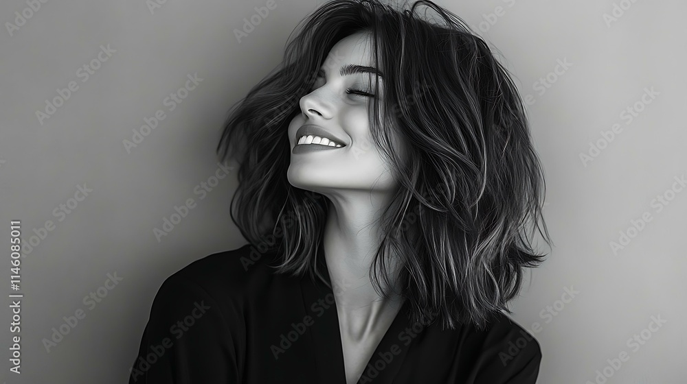 A fashionable woman with shoulder-length hair smiling warmly while leaning against a minimalist backdrop A fashionable woman with shoulder-length hair smiling warmly while leaning against a minimalist backdrop