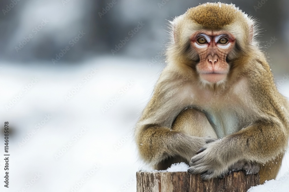 Fototapeta premium Japan, Yamanouchi, Jigokudani Monkey Park, red-faced macaque with young animal. Beautiful simple AI generated image