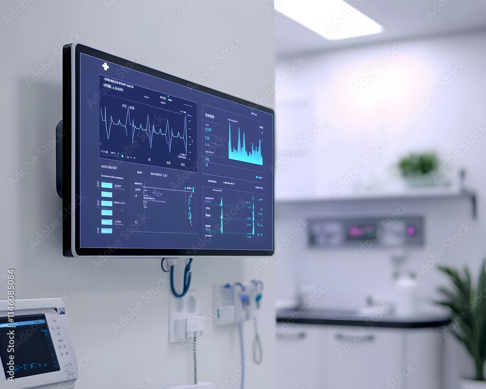 A modern medical display screen showing patient data in a clean clinic A modern medical display screen showing patient data in a clean clinic