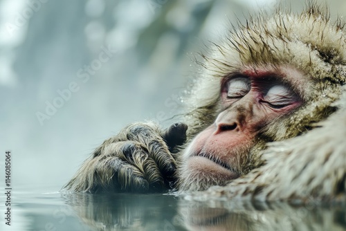 Japan, Yamanouchi, Jigokudani Monkey Park, red-faced macaque with young animal. Beautiful simple AI generated image photo