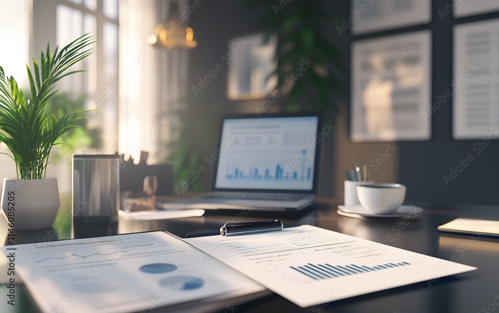 Fototapeta premium A modern workspace featuring a laptop displaying graphs and documents on a dark desk. A coffee cup, pen, and a small plant add a touch of freshness to the professional environment.