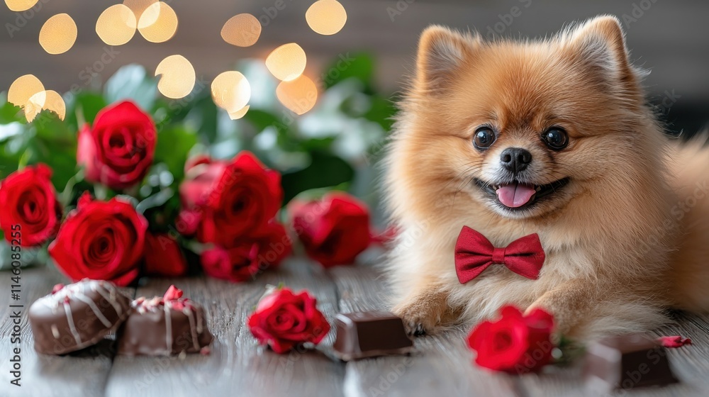 Pomeranian love valentine's day celebration with roses and treats Pomeranian love valentine's day celebration with roses and treats